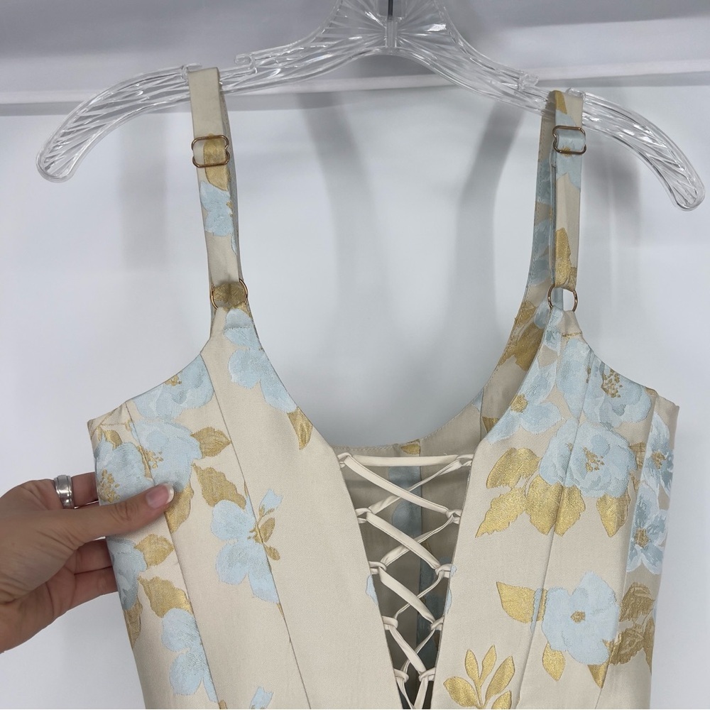 V. Chapman Avery Tiered A-Line Corset Formal Gown Dress in Sky Windsor Brocade 4 - Picture 10 of 11